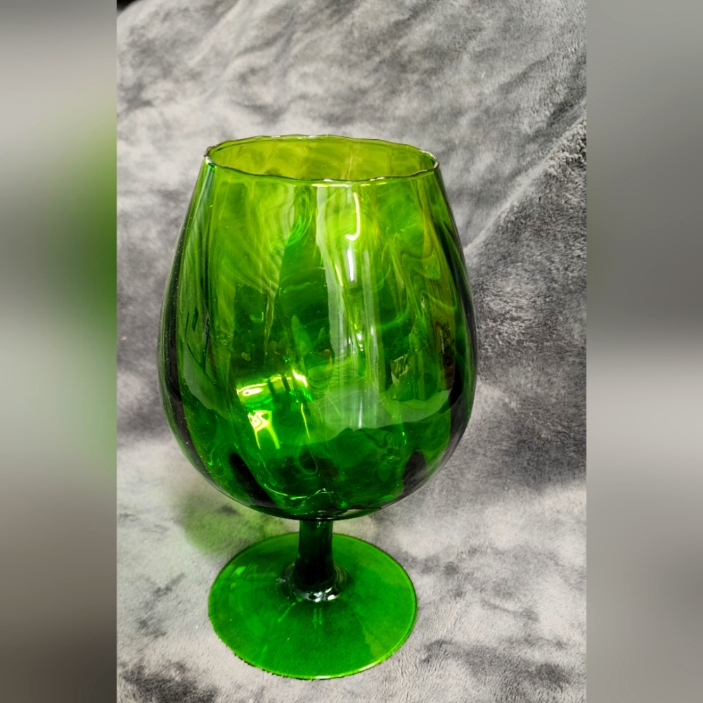 Mid Century Modern Empoli Optic Brandy Snifter Vase Green Swirl Footed Pedestal